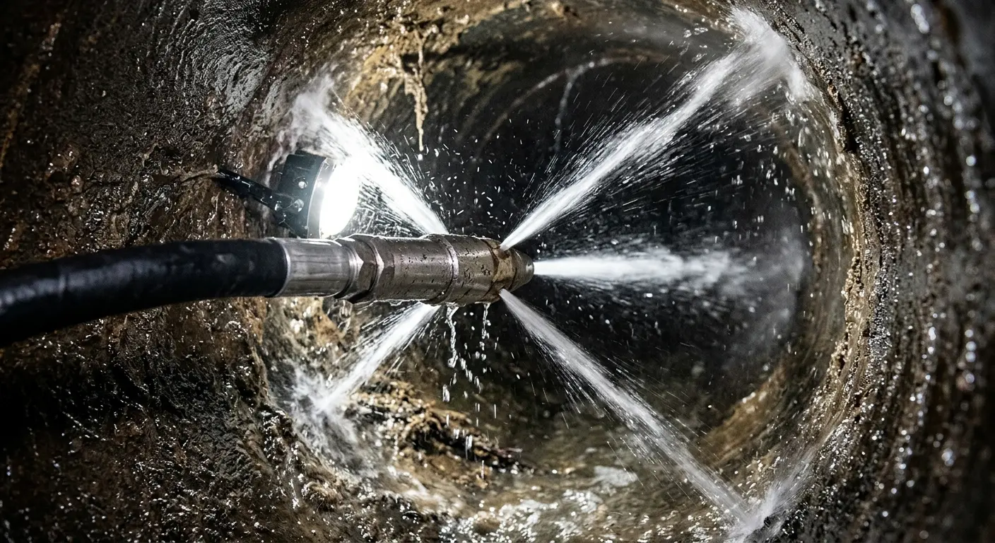 High-pressure hydro jetting nozzle cleaning sewer pipe for Emergency Drain Service in Williamsville