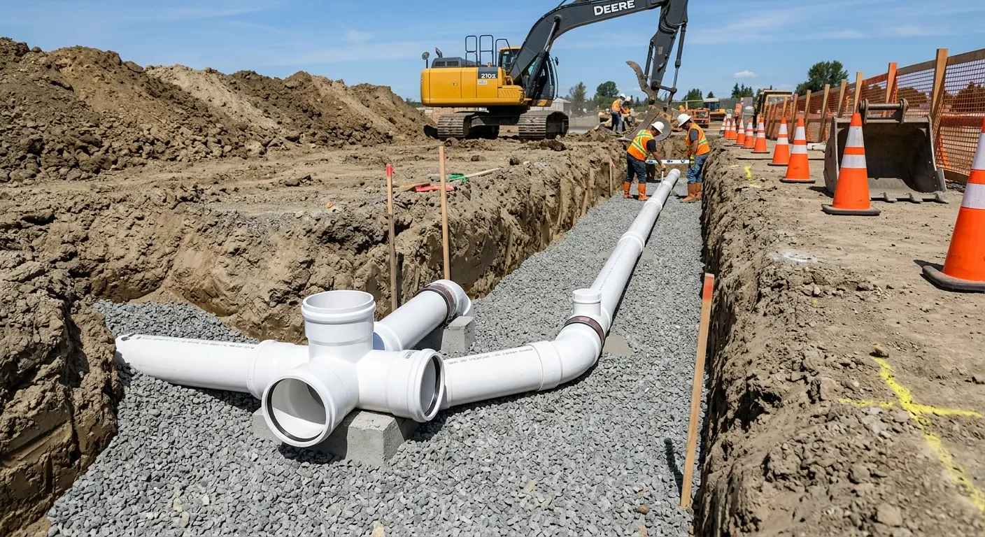 New PVC sewer pipe installation in open trench for Sewer Backup in Williamsville