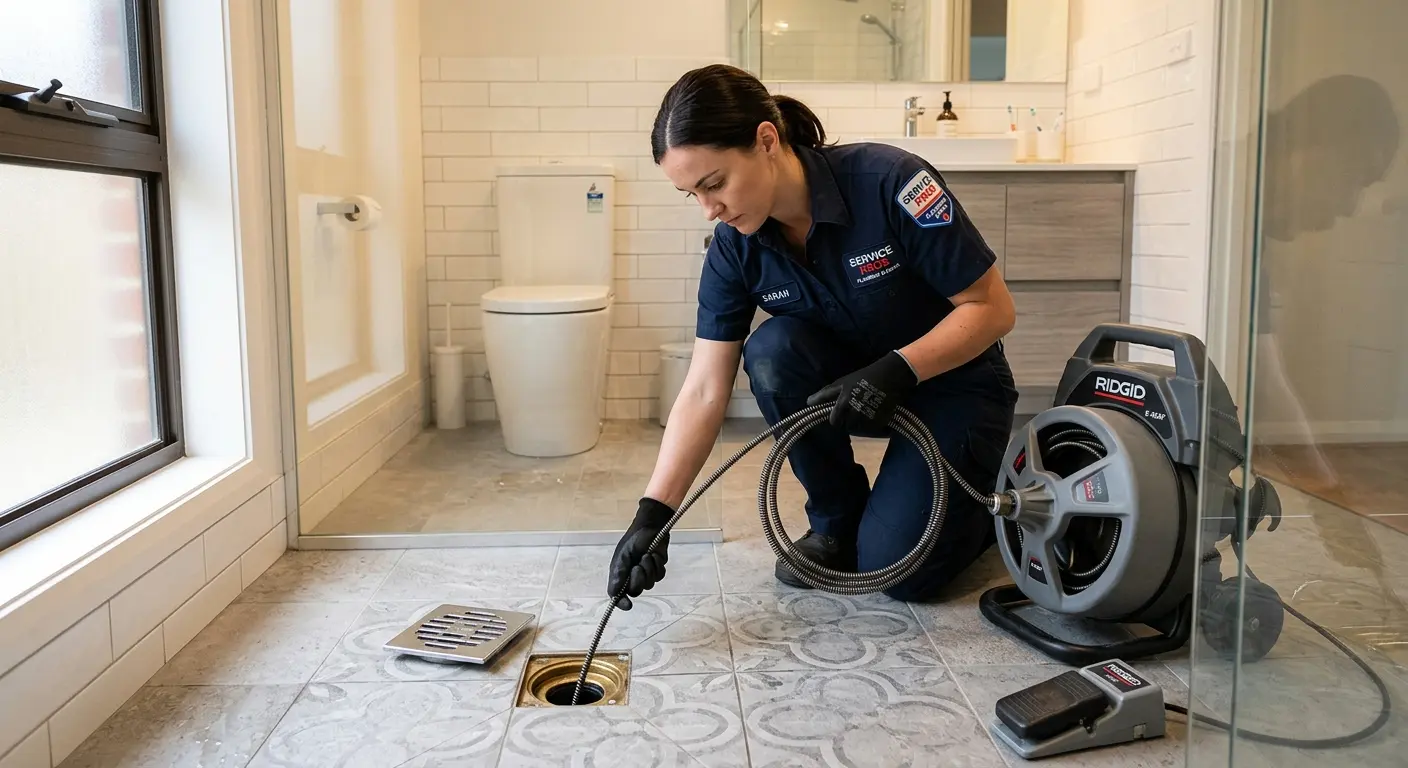 Technician clearing a bathroom floor drain for Hydro Jetting in Williamsville